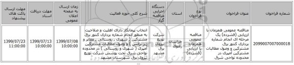 مناقصه عمومی همزمان با ارزیابی (فشرده) یک مرحله ای انجام شماره برداری کنتور برق مشترکین و وصول مطالبات مشترکین آمپری در محدوده نواحی شرق 