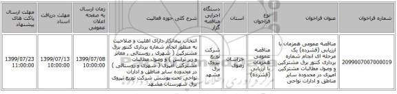 مناقصه عمومی همزمان با ارزیابی (فشرده) یک مرحله ای انجام شماره برداری کنتور برق مشترکین و وصول مطالبات مشترکین آمپری در محدوده سایر مناطق و ادارات نواحی  