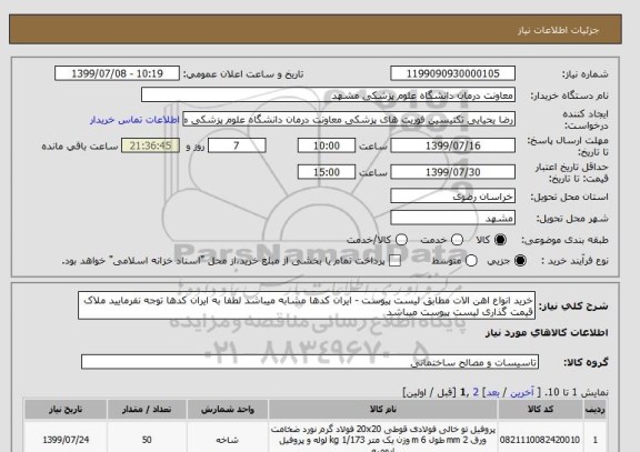 استعلام خرید انواع اهن الات مطابق لیست پیوست - ایران کدها مشابه میباشد لطفا به ایران کدها توجه نفرمایید ملاک قیمت گذاری لیست پیوست میباشد