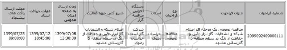 مناقصه عمومی یک مرحله ای اصلاح شبکه و انشعابات گاز ابزار دقیق و حفاظت از زنگ در سطح منطقه 5 گازرسانی مشهد