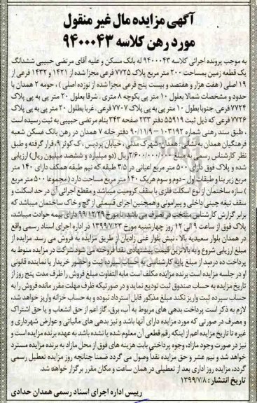 مزایده مزایده ششدانگ یک قطعه زمین 200 مترمربع