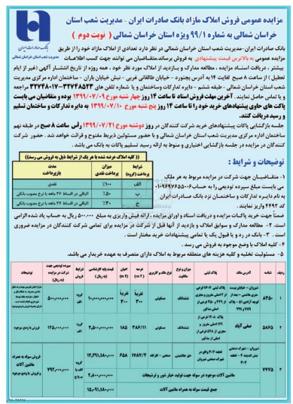 مزایده  مزایده فروش املاک مازاد شماره 99/1 نوبت دوم 