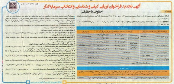 تجدید آگهی فراخوان ارزیابی ، فراخوان ارزیابی کیفی و شناسایی و انتخاب سرمایه گذار 