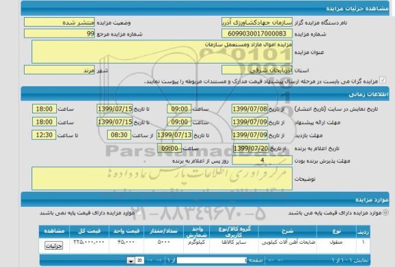 مزایده, مزایده  اموال مازاد و مستعمل سازمان 