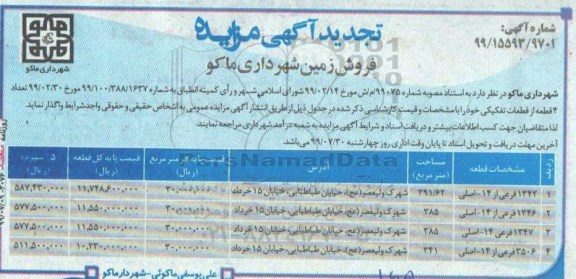 مزایده مزایده تجدید فروش  4قطعه از قطعات تفکیکی 
