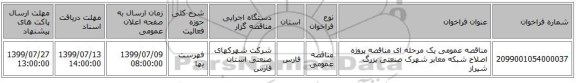 مناقصه عمومی یک مرحله ای  مناقصه پروژه اصلاح شبکه معابر شهرک صنعتی بزرگ شیراز