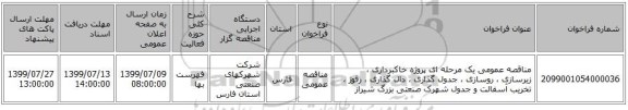 مناقصه عمومی یک مرحله ای پروژه خاکبرداری ، زیرسازی ، روسازی ، جدول گذاری ، دال گذاری ، رفوژ ، تخریب آسفالت و جدول شهرک صنعتی بزرگ شیراز
