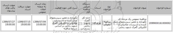 مناقصه عمومی یک مرحله ای نگهداری و تعمیر سیستمهای خنک کننده و تاسیسات مکانیکی و الکتریکی گمرک شهید رجایی