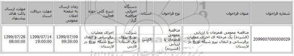 مناقصه عمومی همزمان با ارزیابی (فشرده) یک مرحله ای اجرای عملیات برقرسانی و انتقال نیرو شبکه توزیع در لارستان