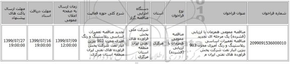 مناقصه عمومی همزمان با ارزیابی (فشرده) یک مرحله ای تجدید مناقصه تعمیرات اساسی ,بلاستینگ و رنگ آمیزی مخزن 903 بنزین انبار نفت شرکت پخش فراورده های نفتی ایران م
