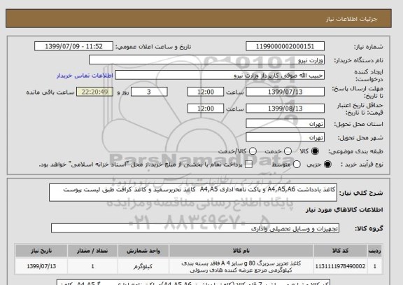 استعلام کاغذ یادداشت A4,A5,A6 و پاکت نامه اداری A4,A5  کاغذ تحریرسفید و کاغذ کرافت طبق لیست پیوست