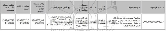 مناقصه عمومی یک مرحله ای استفاده از خدمات بخش خصوصی در بخش مهندسی فرآروده های نفتی  منطقه تهران