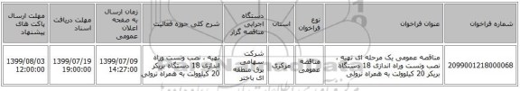 مناقصه عمومی یک مرحله ای تهیه ، نصب وتست وراه اندازی 18 دستگاه بریکر 20 کیلوولت به همراه ترولی 
