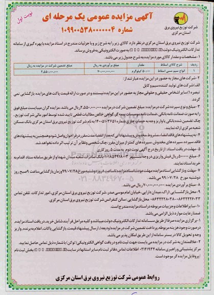 مزایده ، مزایده انواع سیم مسی اسقاط