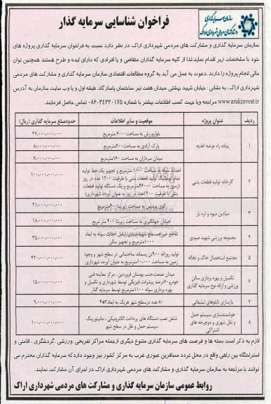 فراخوان , فراخوان شناسایی سرمایه گذار