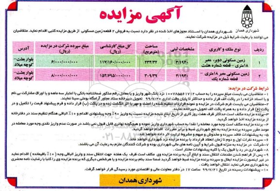 مزایده،مزایده فروش 2 قطعه زمین مسکونی 234.32 و 309.39 مترمربع 