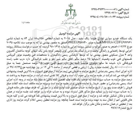 مزایده , مزایده یک دستگاه خودرو سواری توسان هیوندا رنگ سفید