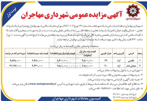 مزایده, مزایده بهره برداری از یک باب واحد تجاری - خدماتی... 