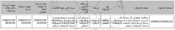 مناقصه عمومی یک مرحله ای بازرسی و ویدئو متری و شستشو از شبکه و خط انتقال فاضلاب شهرهای استان آذربایجان شرقی