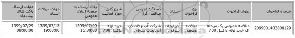 مناقصه عمومی یک مرحله ای خرید لوله داکتیل 700
