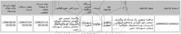 مناقصه عمومی یک مرحله ای واگذاری حجمی امور نگهبانی وحفاظت فیزیکی تاسیسات  وساختمانهای خدماتی صنعتی شهرداری خمین
