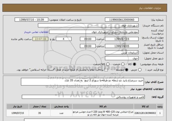 استعلام خرید سرچراغ پانیذ دو شعله دو طرفه-با سوراخ 2 اینچ  به تعداد 35 عدد