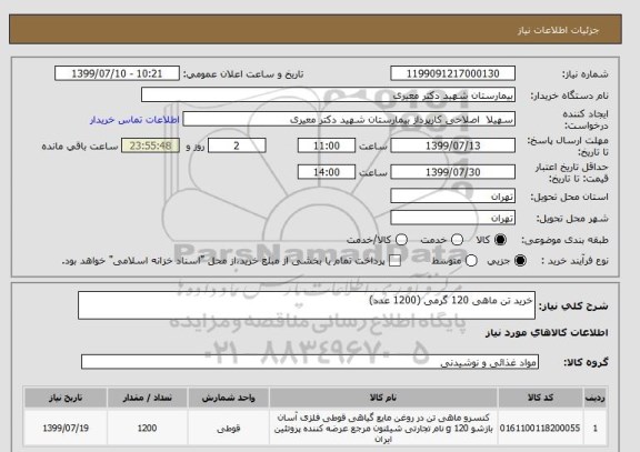 استعلام خرید تن ماهی 120 گرمی (1200 عدد)