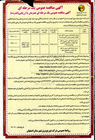 آگهی مناقصه عمومی ،مناقصه تبدیل شبکه های سیمی به کابل خودنگهدار 