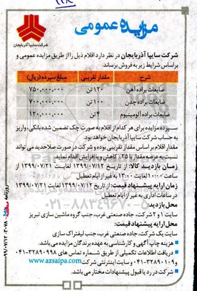 مزایده عمومی ، مزایده فروش ضایعات براده اهن...