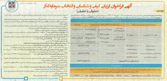 آگهی فراخوان ارزیابی ،  فراخوان ارزیابی کیفی و شناسایی و انتخاب سرمایه گذار