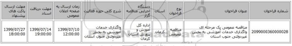 مناقصه عمومی یک مرحله ای واگذاری خدمات آموزشی  به بخش غیردولتی جنوب استان 