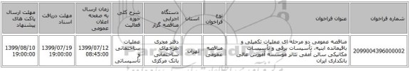 مناقصه عمومی دو مرحله ای عملیات تکمیلی و باقیمانده ابنیه، تأسیسات برقی و تأسیسات مکانیکی سالن آمفی تئاتر موسسه آموزش عالی بانکداری ایران 