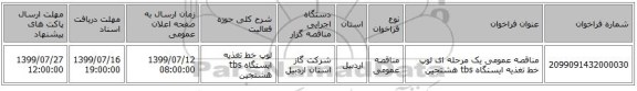 مناقصه عمومی یک مرحله ای لوپ خط تغذیه ایستگاه tbs هشتجین 
