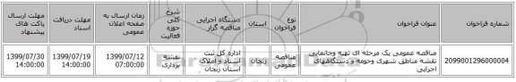 مناقصه عمومی یک مرحله ای تهیه وجانمایی نقشه مناطق شهری وحومه و دستگاههای اجرایی