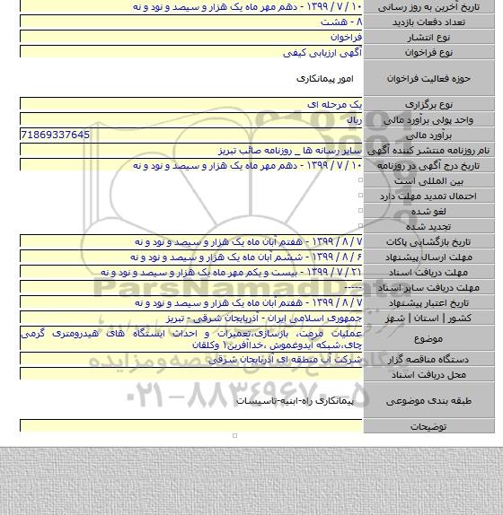 عملیات مرمت، بازسازی،تعمیرات و احداث ایستگاه های هیدرومتری گرمی چای،شبکه آیدوغموش ،خداآفرین۱ وکلقان