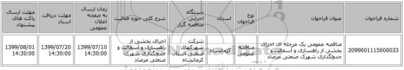 مناقصه عمومی یک مرحله ای اجرای بخشی از راهسازی و آسفالت و جدولگذاری شهرک صنعتی مرصاد