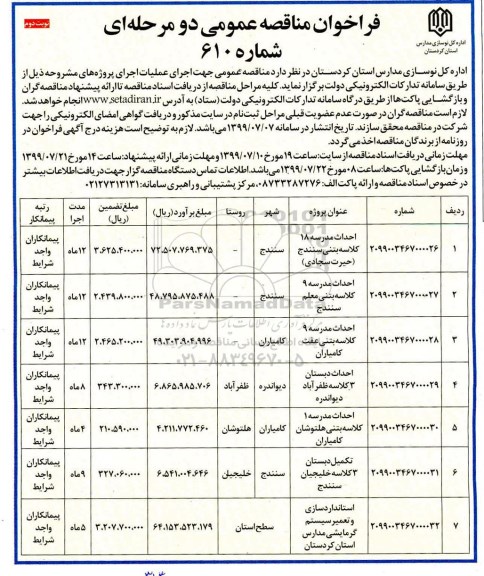 فراخوان مناقصه , فراخوان مناقصه احداث مدرسه 18 کلاسه بتنی ...نوبت دوم 