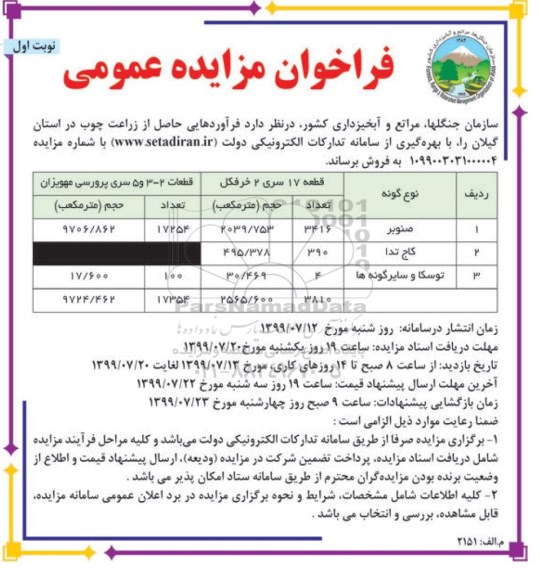 مزایده، مزایده فروش فرآورده های حاصل از زراعت چوب