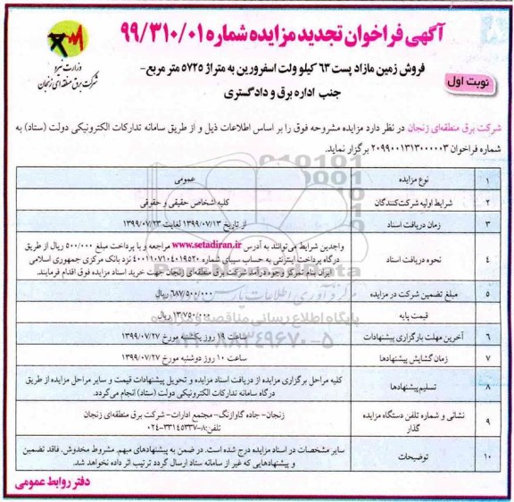 مزایده ، مزایده فروش زمین مازاد پست 63 کیلوولت اسفرورین به متراژ 5725 مترمربع 