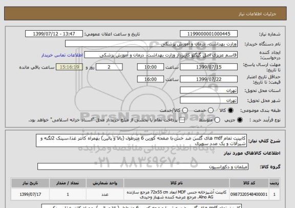 استعلام کابینت تمام mdf های گلس ضد خش با صفحه کورین 6 مترطول (بالا و پائین) بهمراه کانتر غذا،سینک 2لگنه و شیرآلات و یک عدد سوپری