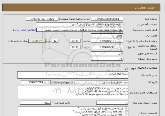 استعلام بسته مواد غذایی