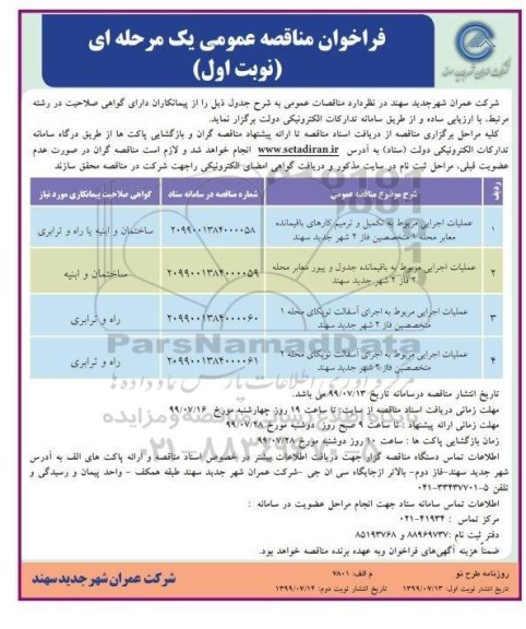 مناقصه , مناقصه عملیات اجرایی مربوط به  تکمیل و ترمیم کارهای باقیمانده 