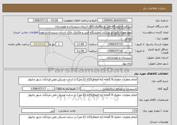 استعلام انجام عملیات حفاری 9 گمانه (به اعماق15تا 21 متر) در سایت مسکن ملی مرادآباد شهر چابهار