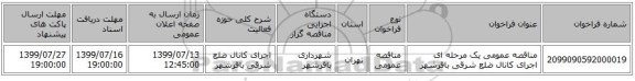 مناقصه عمومی یک مرحله ای اجرای کانال ضلع شرقی باقرشهر 
