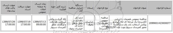 مناقصه عمومی همزمان با ارزیابی (فشرده) یک مرحله ای لکه گیری  و روکش آسفالت باند رفت و برگشت محور کمربندی سبزوار-نوبت اول-99/31/97