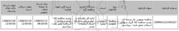 مناقصه عمومی یک مرحله ای تجدید مناقصه لکه گیری و روکش آسفالت محور نقده - پیرانشهر