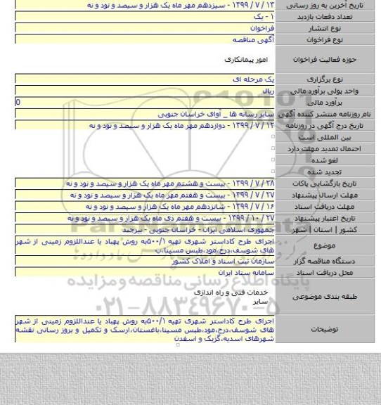 اجرای طرح کاداستر شهری تهیه ۵۰۰/۱به روش پهباد یا عنداللزوم زمینی از شهر های شوسف،درح،مود،طبس مسینا،ب