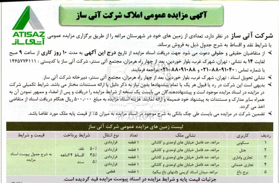 مزایده   مزایده فروش تعدادی از زمین های خود کاربری مسکونی و هتل و تجاری 