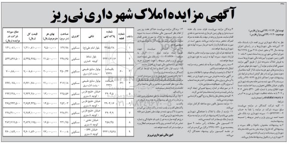 مزایده،مزایده فروش املاک کاربری مسکونی نوبت اول