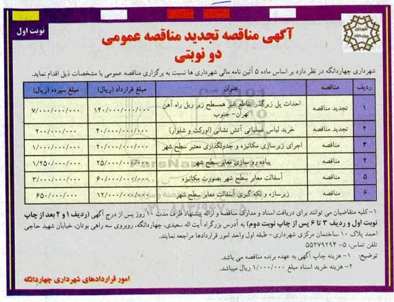 مناقصه و تجدید مناقصه ، مناقصه و تجدید مناقصه احداث پل زیرگذر تقاطع غیر همسطح زیر ریل  ..